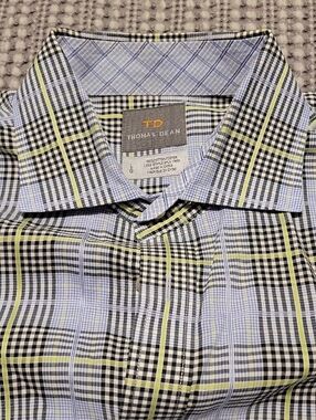 Thomas Dean Plaid Dress Shirt in Light Blue, Black and Yellow